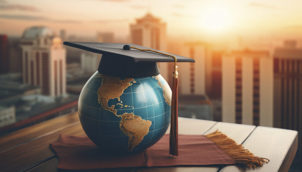 graduation-cap-with-globe-digital-art-style-education-day world globe graduate's cap on top of a desk in the office, in the style of cross-processing/processed, uhd image, high quality photo, layered translucency, light amber and sky-blue, website, eastern and western fusion --ar 76:51 --v 5.2 Job ID: 6928f80a-f693-455c-829e-b75cbda24402